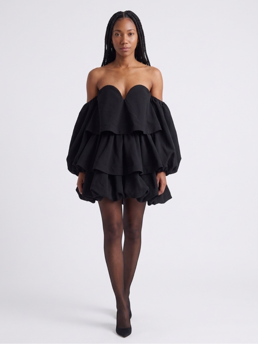 Flattering fit Black Off-the-Shoulder Tiered Flounce Romper Size S/M